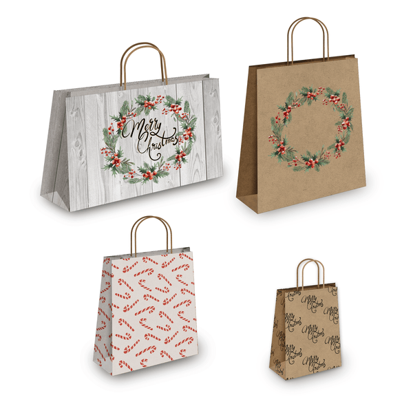 Christmas Wreath Kraft Gift Bags Mixed Size Set - Pro Supply Global