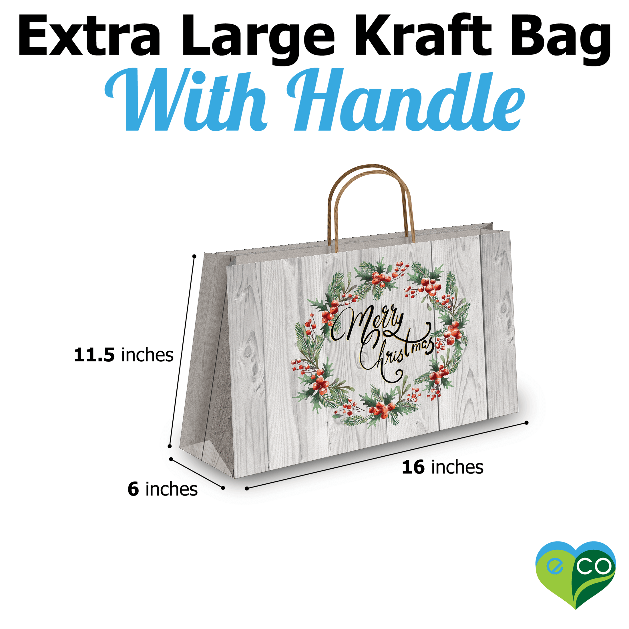 Christmas Wreath Vogue Kraft Shopping Bags with Handles (11.5x16x6 inches) - Pro Supply Global