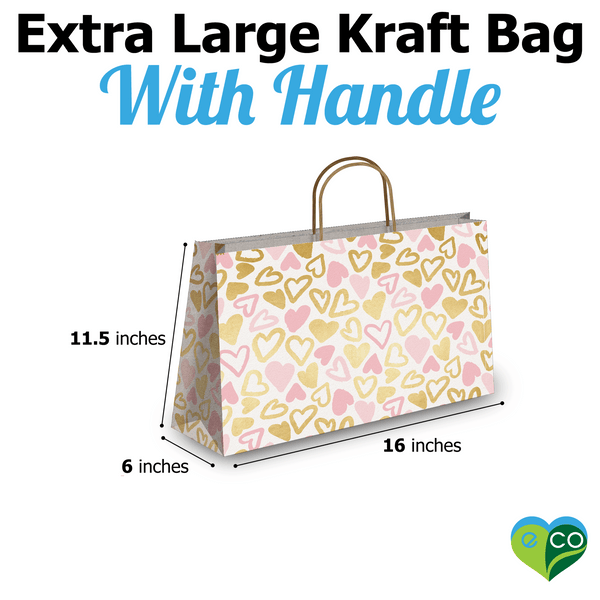 Pink and Gold Hearts Large Birthday Gift Bags Vogue Kraft Shopping Bags with Handles (11.5x16x6 inches) - Pro Supply Global