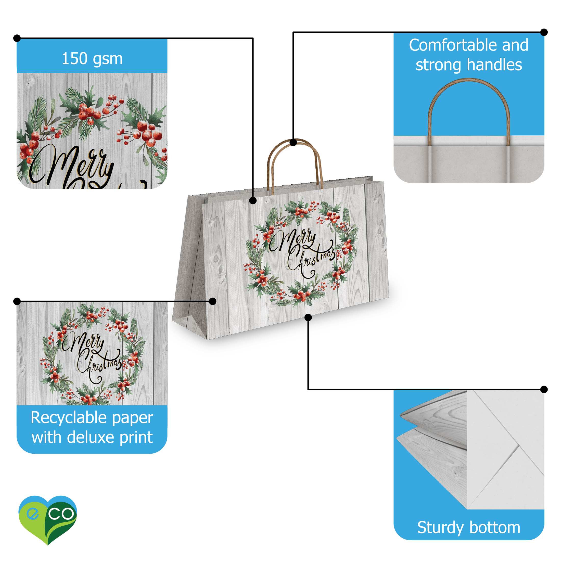 Christmas Wreath Vogue Kraft Shopping Bags with Handles 11.5x16x6 inches