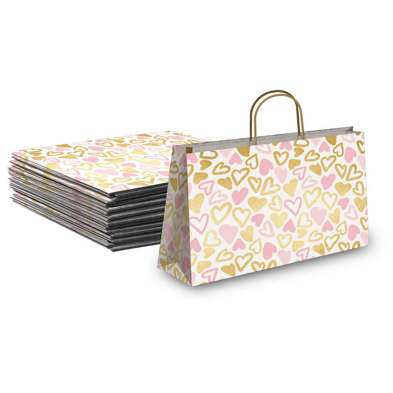 Pink Gold Hearts Printed Kraft Bags with Handles Pro Supply Global