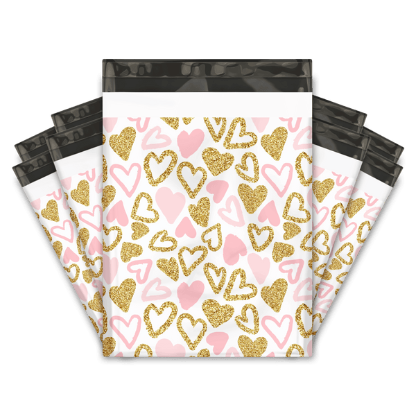Pink and Gold Heart Designer Poly Mailers Shipping Envelopes Premium Printed Bags